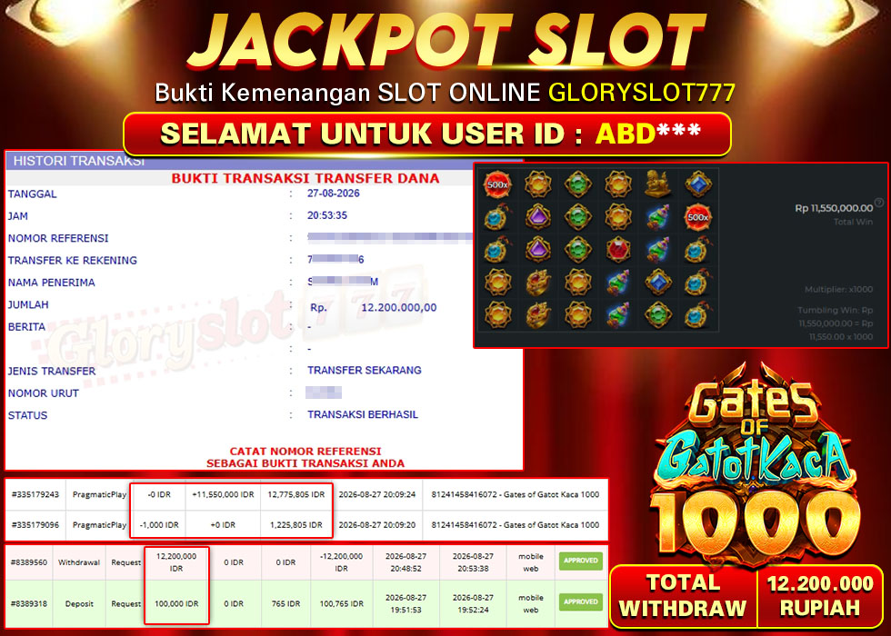 GLORYSLOT777 JACKPOT SLOT GATES OF GATOT KACA 1000 Rp 12.200.000,- LUNAS