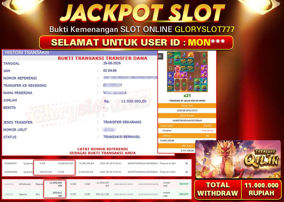 GLORYSLOT777 JACKPOT SLOT TREASURE OF QILIN Rp 11.000.000,- LUNAS