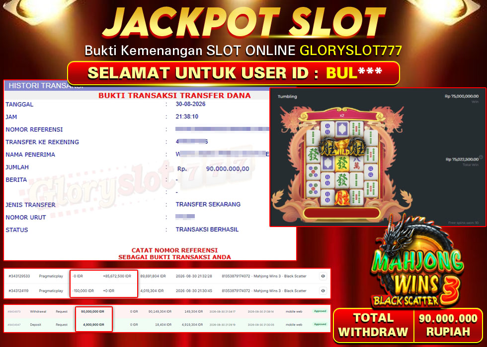 GLORYSLOT777 JACKPOT SLOT MAHJONG WINS 3 BLACK SCATTER Rp 90.000.000,- LUNAS