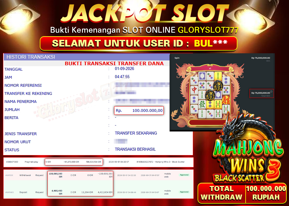 GLORYSLOT777 JACKPOT SLOT MAHJONG WINS 3 BLACK SCATTER Rp 100.000.000,- LUNAS
