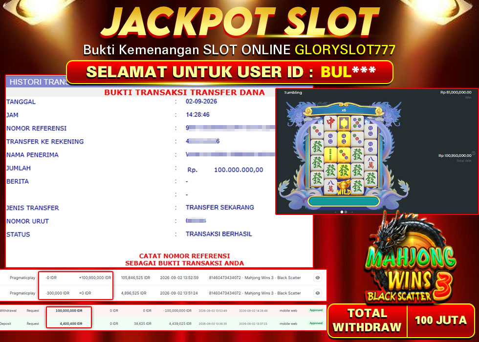 GLORYSLOT777 JACKPOT SLOT MAHJONG WINS 3 BLACK SCATTER Rp 100.000.000,- LUNAS
