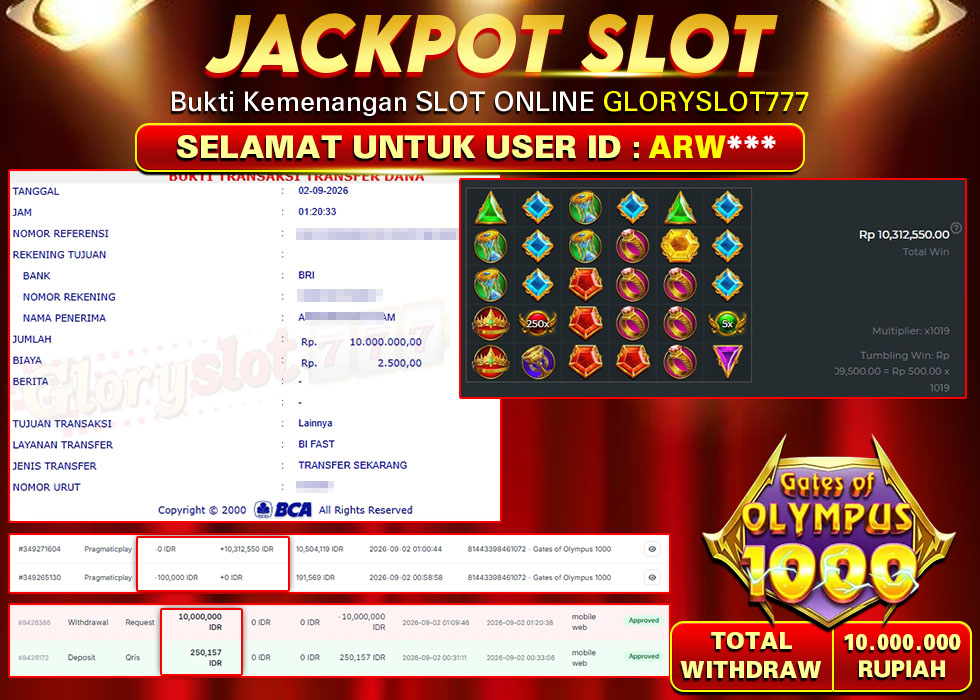 GLORYSLOT777 JACKPOT SLOT GATES OF OLYMPUS 1000 Rp 10.000.000,- LUNAS