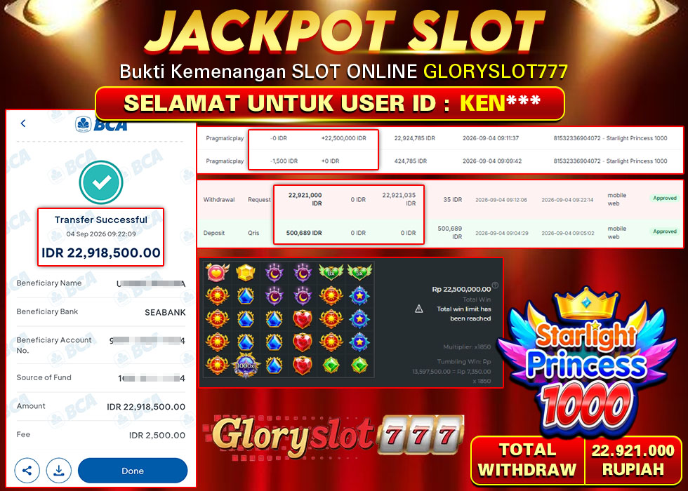 GLORYSLOT777 JACKPOT SLOT STARLIGHT PRINCESS 1000 Rp 22.921.000,- LUNAS