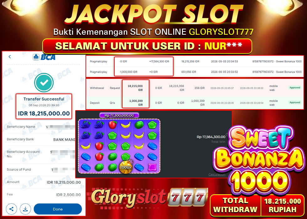 GLORYSLOT777 JACKPOT SLOT SWEET BONANZA 1000 Rp 18.215.000,- LUNAS