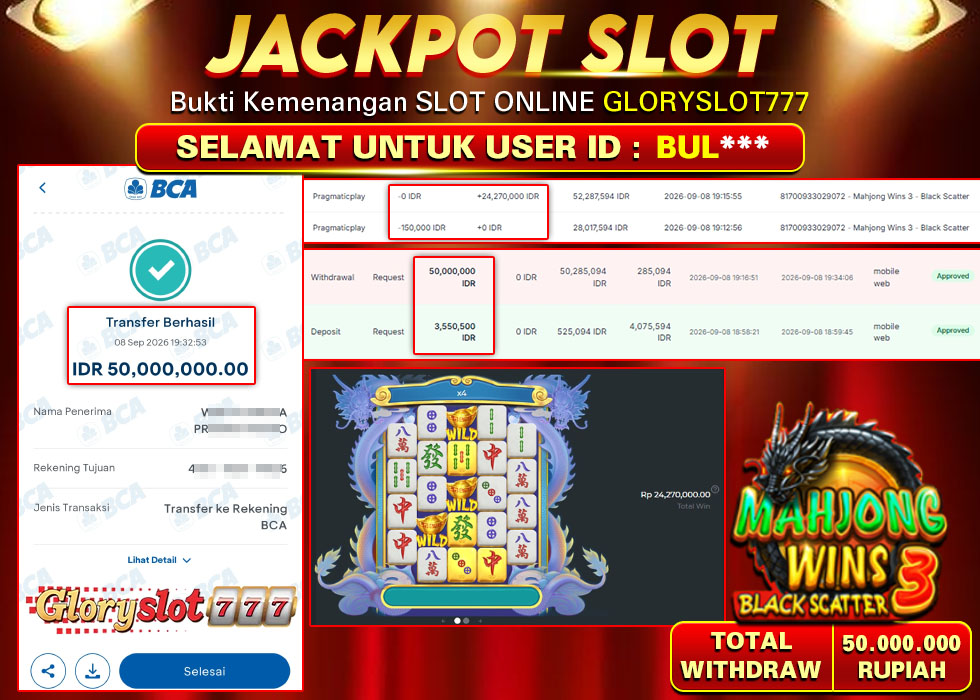 GLORYSLOT777 JACKPOT SLOT MAHJONG WINS 3 BLACK SCATTER Rp 50.000.000,- LUNAS