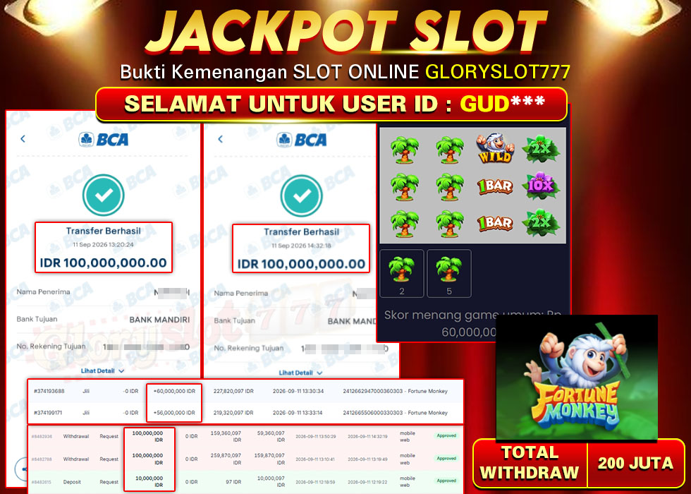 GLORYSLOT777 JACKPOT SLOT FORTUNE MONKEY Rp 200.000.000,- LUNAS
