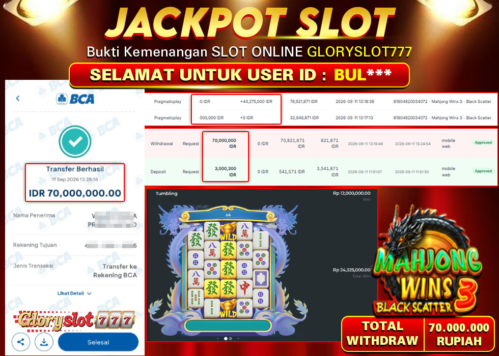 GLORYSLOT777 JACKPOT SLOT MAHJONG WINS 3 BLACK SCATTER Rp 70.000.000,- LUNAS
