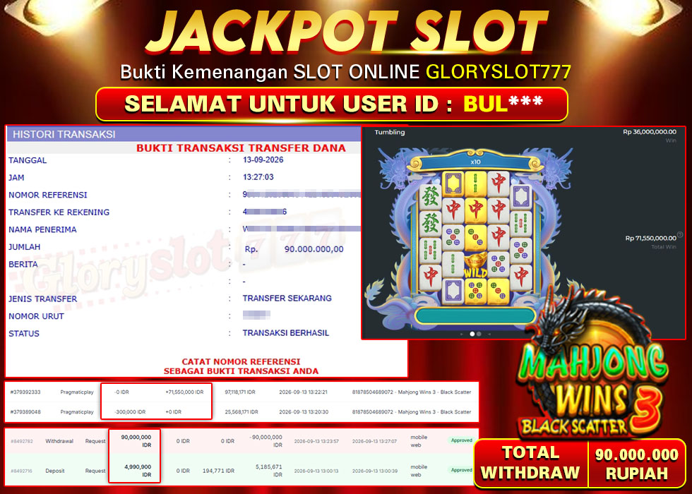 GLORYSLOT777 JACKPOT SLOT MAHJONG WINS 3 BLACK SCATTER Rp 90.000.000,- LUNAS