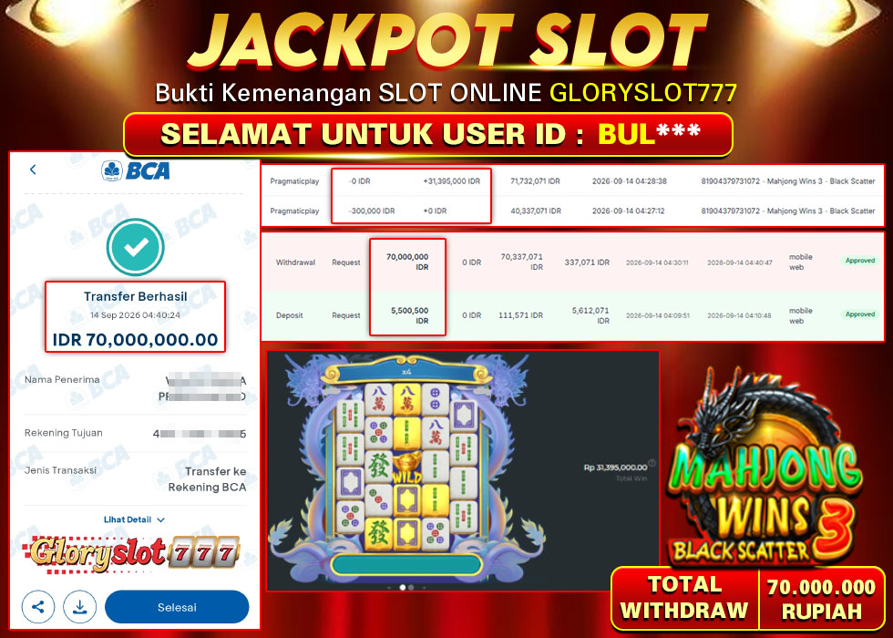 GLORYSLOT777 JACKPOT SLOT MAHJONG WINS 3 BLACK SCATTER Rp 70.000.000,- LUNAS